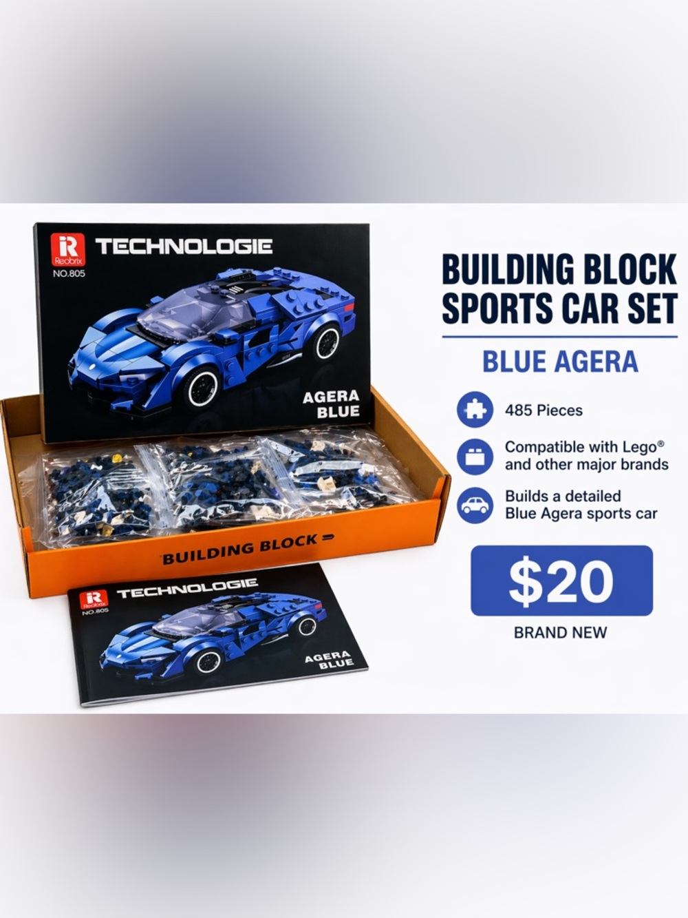 Building Block Sports Car Set | Blue Agera / Yellow SRT | Lego Compatible | New